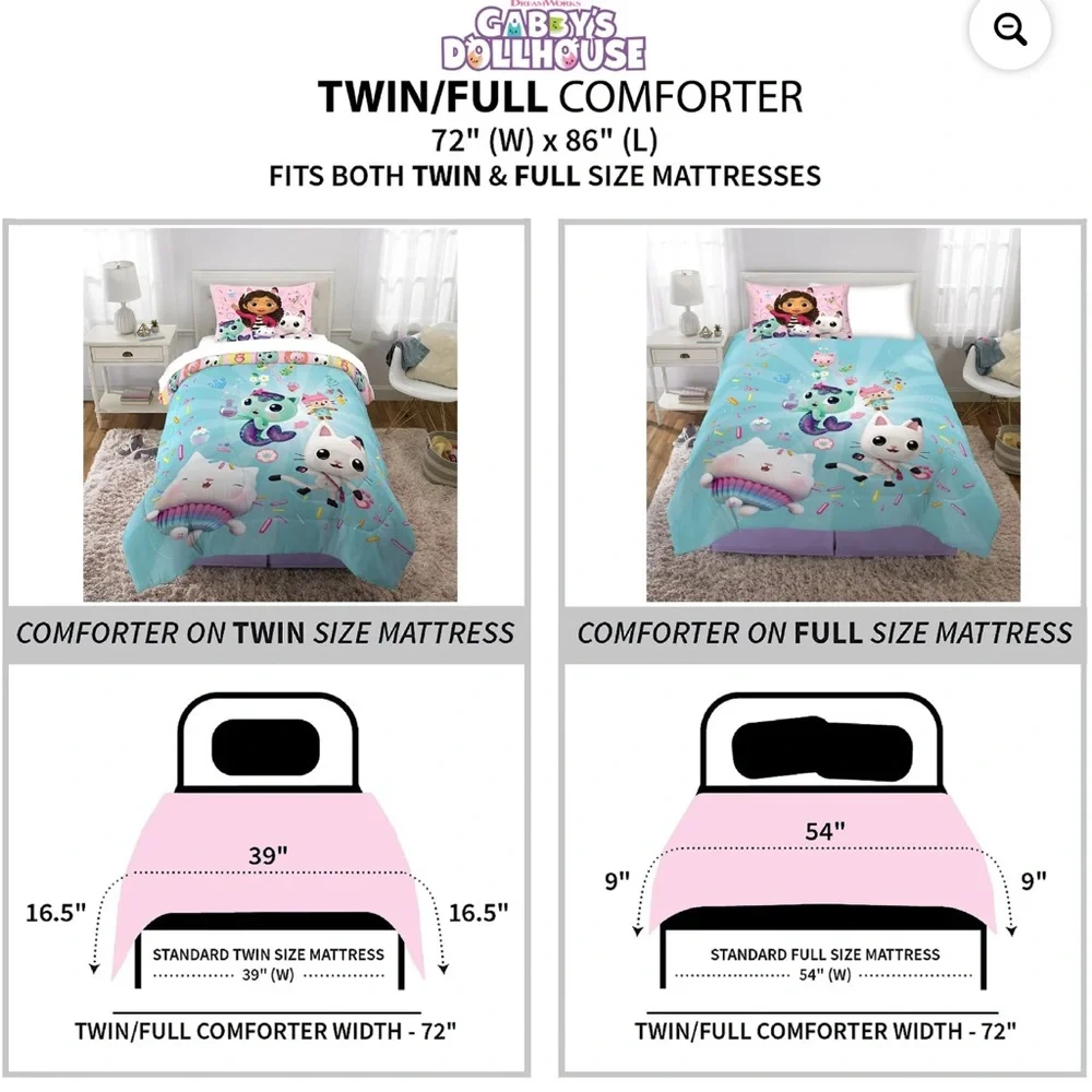 Gabby'S Dollhouse Kids 2-Piece Twin/Full Comforter Set, Reversible, Microfiber